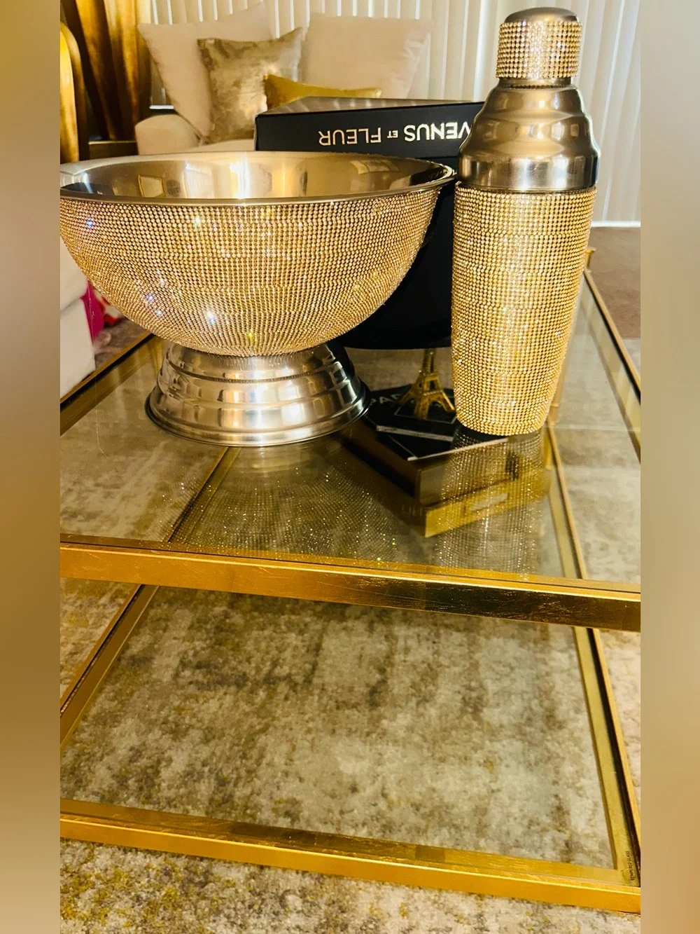 Cocktail party Set! Gold Rhinestone Champagne bucket, 4 Martini Glass & Shaker